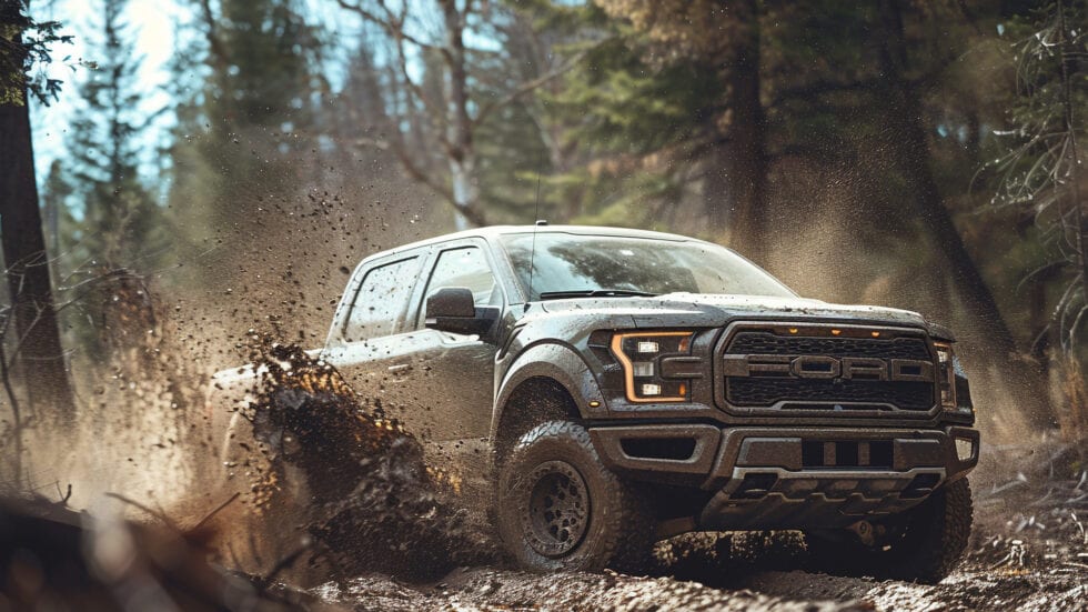 Rugged Full Size Truck Driving on Off Road Trail with Forested